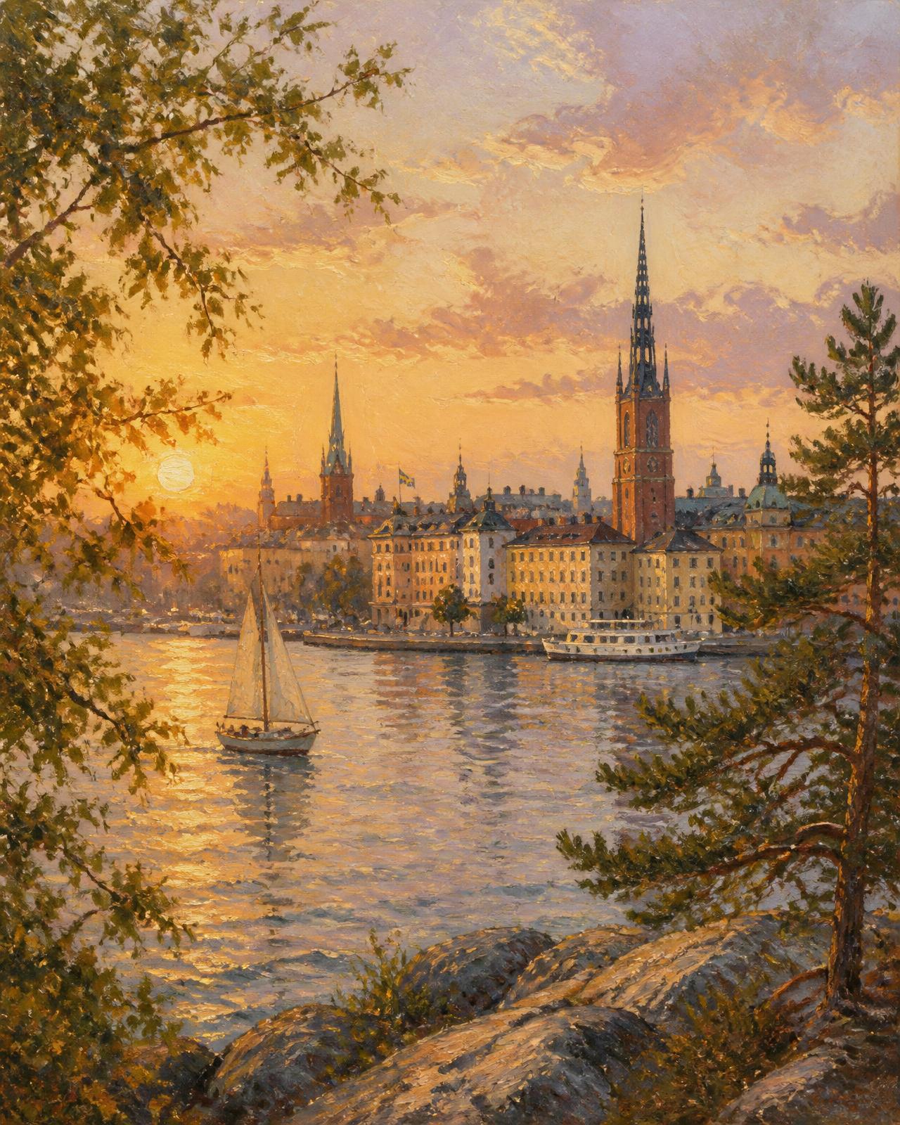 Stockholm bij zonsondergang, olieverfschilderij