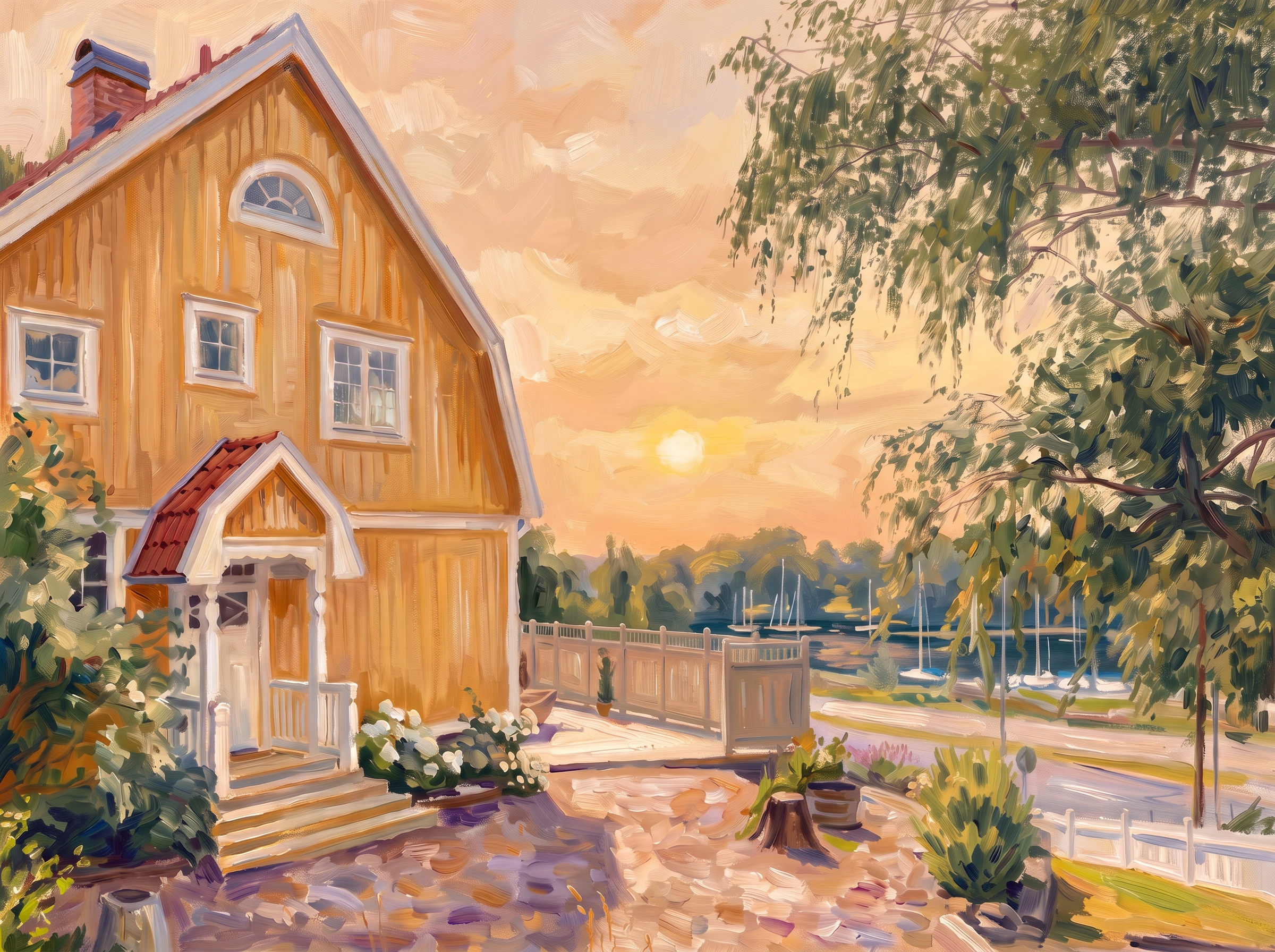Gele Zweedse villa aan het water, olieverfschilderij